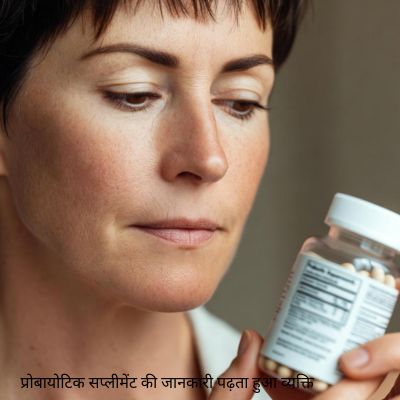 प्रोबायोटिक सप्लीमेंट की जानकारी पढ़ता हुआ व्यक्ति