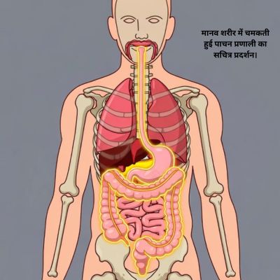 मानव शरीर में चमकती हुई पाचन प्रणाली का सचित्र प्रदर्शन।