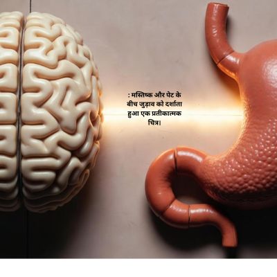 : मस्तिष्क और पेट के बीच जुड़ाव को दर्शाता हुआ एक प्रतीकात्मक चित्र।