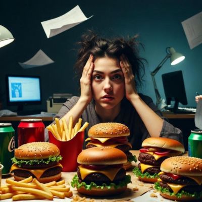  अनहेल्दी फूड, तनाव और अनियमित दिनचर्या को दर्शाता हुआ चित्र।