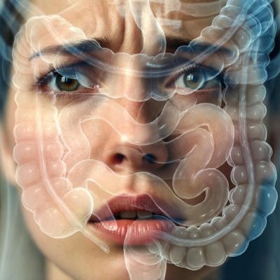 : तनाव और पाचन तंत्र के बीच संबंध को दर्शाता एक वैचारिक चित्र।