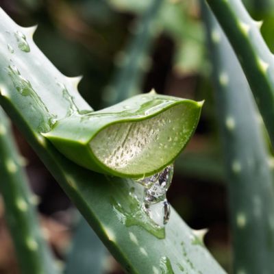  ताजा कटे हुए एलो वेरा के पत्ते से जेल निकलता हुआ।