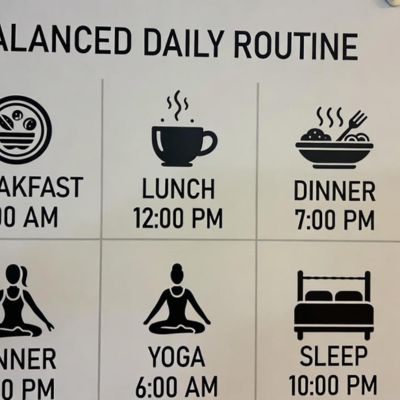 एक संतुलित दिनचर्या को दर्शाता हुआ चार्ट जिसमें भोजन, योग और नींद शामिल हैं।