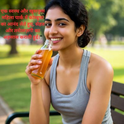 एक स्वस्थ और खुशनुमा महिला पार्क में कोम्बुचा का आनंद लेते हुए, सेहत और तरोताज़गी का अहसास कराती हुई