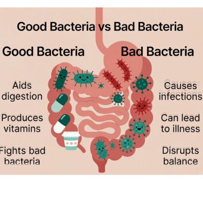 आंत में अच्छे और बुरे बैक्टीरिया की तुलना करता वेक्टर इन्फोग्राफिक