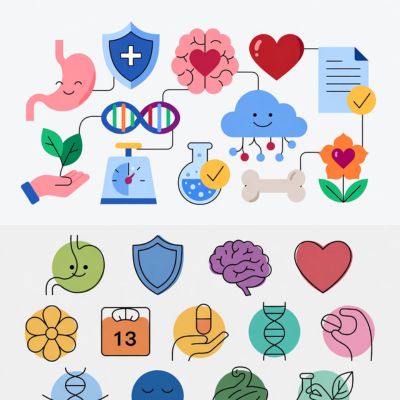 प्रोबायोटिक्स के 10 फायदों को दर्शाता आइकन कोलाज