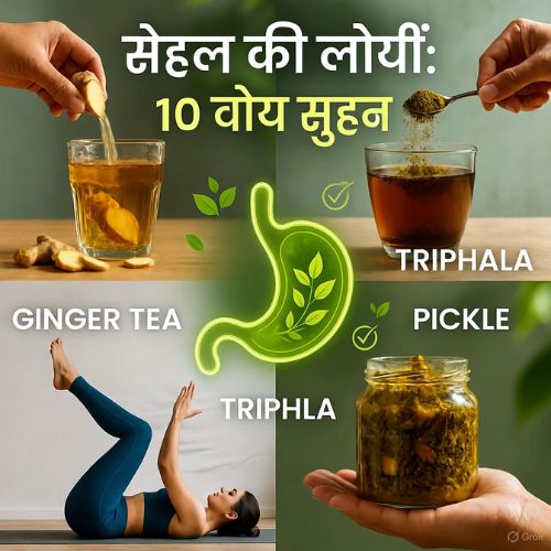 आंत के स्वास्थ्य को बेहतर बनाने के विभिन्न चरणों को दर्शाती एक कॉलाज इमेज, जिसमें चाय, चूर्ण, योग और अचार शामिल हैं।"