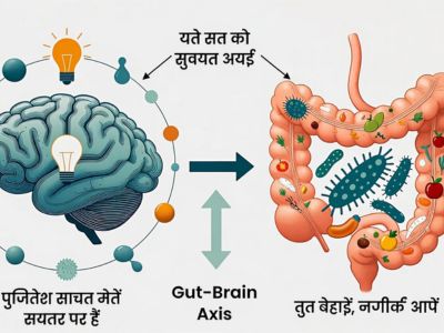 "इन्फोग्राफिक: गट-ब्रेन एक्सिस का चित्रण दिखाता है कि कैसे एक स्वस्थ आंत (गट) और दिमाग आपस में जुड़े हुए हैं और मानसिक स्वास्थ्य को प्रभावित करते हैं।"