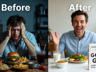 "पाचन तंत्र में सुधार का चित्रण: बायीं ओर अस्वस्थ भोजन और सुस्ती, दायीं ओर स्वस्थ भोजन और ऊर्जा, जो आंत के स्वास्थ्य पर किताब पढ़ने के बाद के बदलाव को दर्शाता है।"