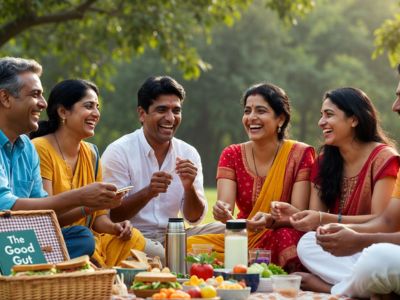 "एक स्वस्थ आंत का परिणाम: खुश और ऊर्जावान दोस्त एक पिकनिक का आनंद ले रहे हैं, जिसमें आंत के स्वास्थ्य के लिए अच्छा भोजन और 