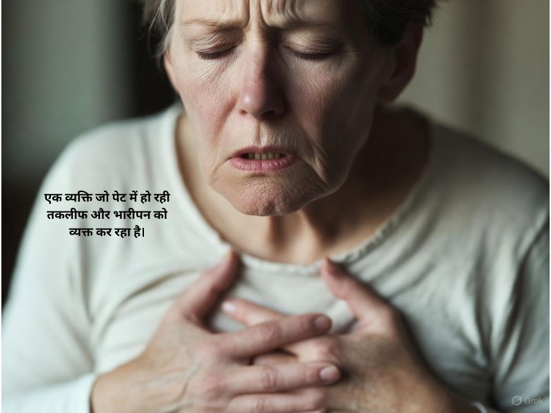 एक व्यक्ति जो पेट में हो रही तकलीफ और भारीपन को व्यक्त कर रहा है।