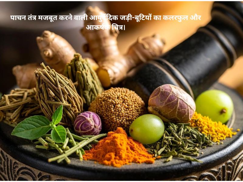 कमजोर पाचन का रामबाण इलाज  पाचन तंत्र मजबूत करने वाली आयुर्वेदिक जड़ी बूटियों का कलरफुल और आकर्षक चित्र।
